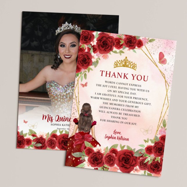 Burgundy Guld Blommigt Princess Quinceañera Photo Tack Kort (Skapare uppladdad)