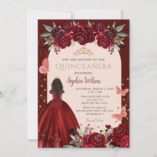 Burgundy Guld Blommigt Princess Quinceañera Quince Inbjudningar (Framsida)