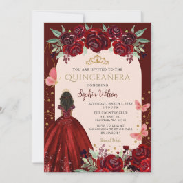 Burgundy Guld Blommigt Princess Quinceañera Quince Inbjudningar