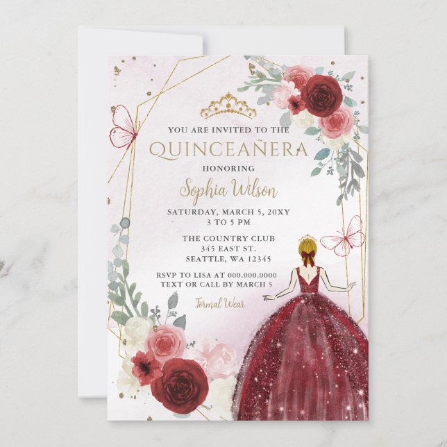 Burgundy Guld Blommigt Princess Quinceañera Quince Inbjudningar (Framsida)