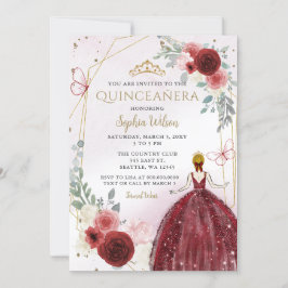 Burgundy Guld Blommigt Princess Quinceañera Quince Inbjudningar