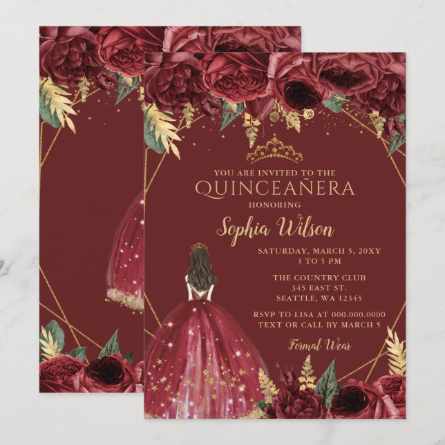 Burgundy Guld Blommigt Princess Quinceañera Quince Inbjudningar (Fram/baksida)
