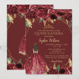 Burgundy Guld Blommigt Princess Quinceañera Quince Inbjudningar