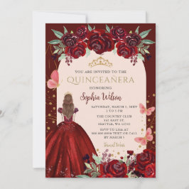 Burgundy Guld Blommigt Princess Quinceañera Quince Inbjudningar