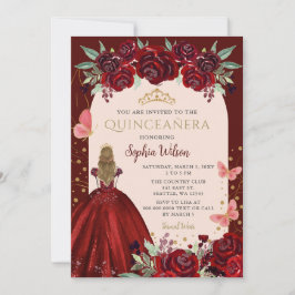 Burgundy Guld Blommigt Princess Quinceañera Quince Inbjudningar