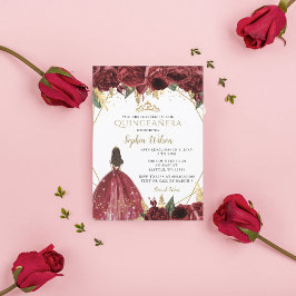 Burgundy Guld Blommigt Princess Quinceañera Quince Inbjudningar