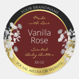 Burgundy Guld Blommigt-produktetiketter Silver Flo Runt Klistermärke