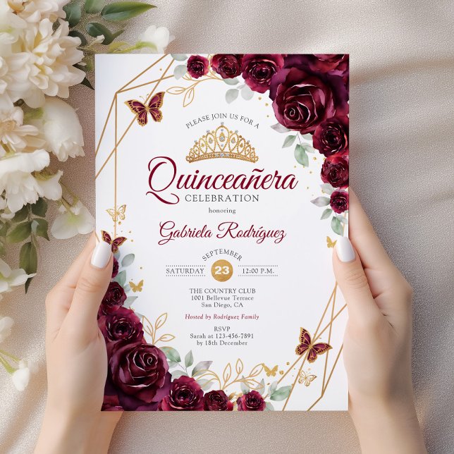 Burgundy Guld Blommigt Quinceanera Inbjudningar (Skapare uppladdad)
