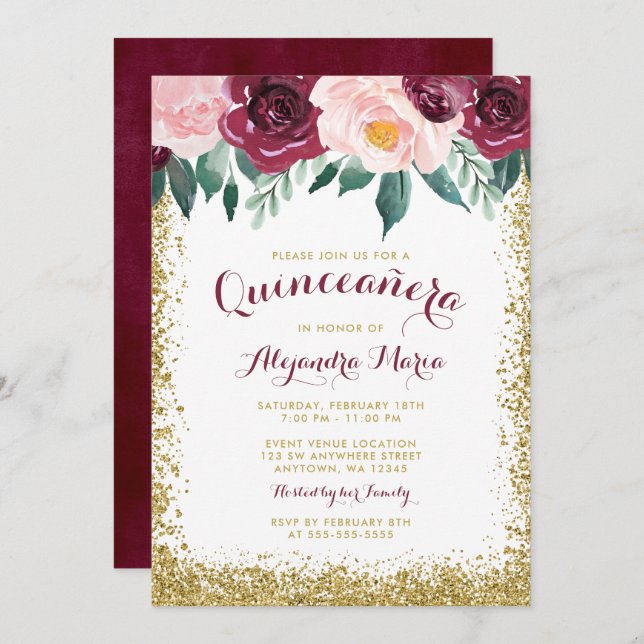 Burgundy Guld Blommigt Quinceanera-inbjudningar Inbjudningar (Fram/baksida)