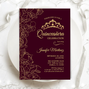 Burgundy Guld Blommigt Quinceanera Party Inbjudningar