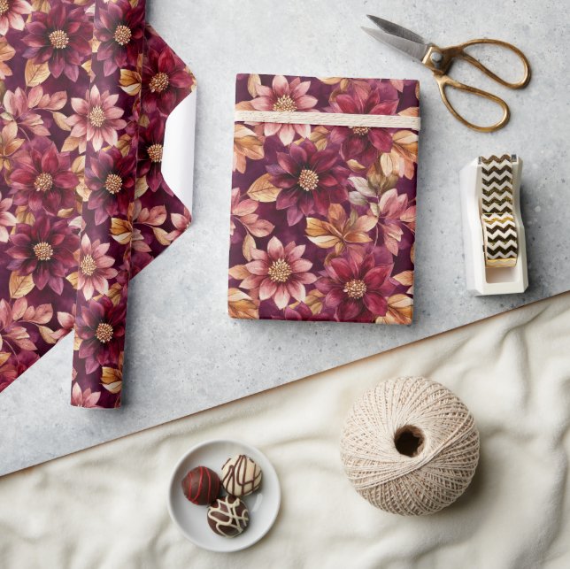 Burgundy Guld Blommor Löv Födelsedag Presentpapper (Hantverk)
