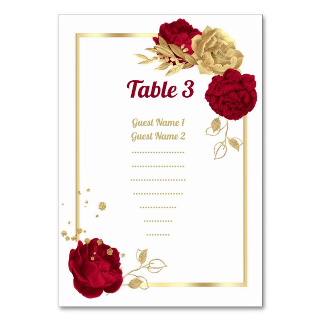 Burgundy & guld blommor sittplatskarta bordsnummer (Framsidan)
