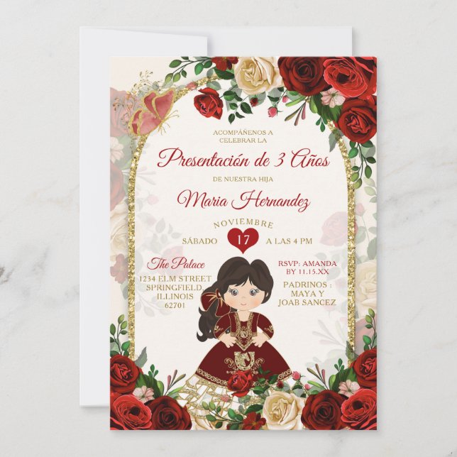 Burgundy Guld Boho Spain Girl Tres Añ os Blommigt Inbjudningar (Framsida)