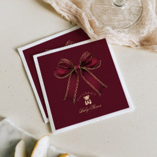 Burgundy Guld Bow Teddy Bear Lyx Baby Shower Pappersservett