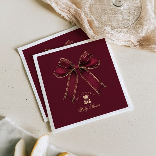 Burgundy Guld Bow Teddy Bear Lyx Baby Shower Pappersservett (Skapare uppladdad)