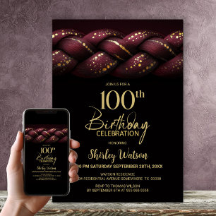 Burgundy Guld Braid 100:e Födelsedagsfesten Inbjudningar
