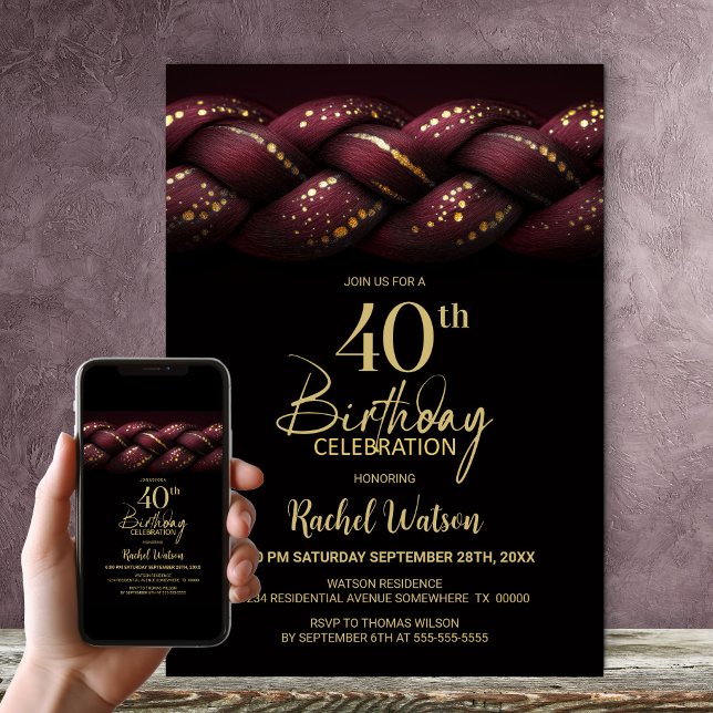 Burgundy Guld Braid 40:e födelsedagen Party Inbjudningar (Skapare uppladdad)