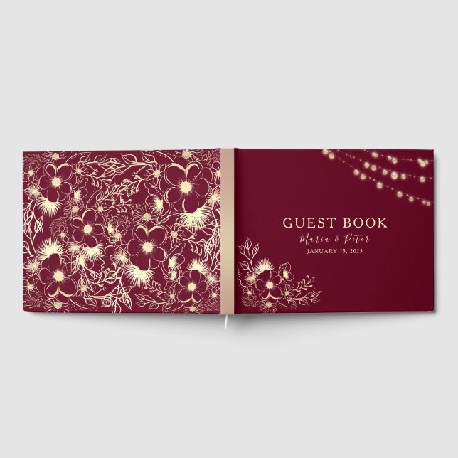 Burgundy Guld Bröllop Guest Bok (Full)