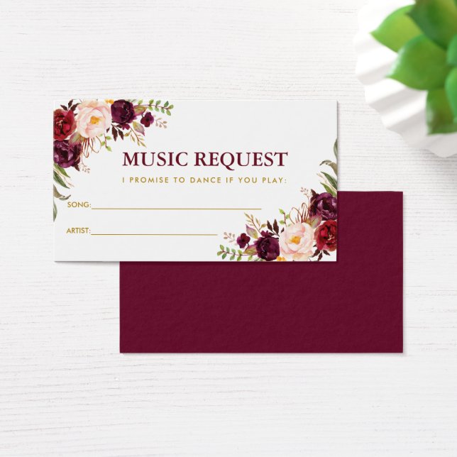 Burgundy Guld Bröllop Music Sång Request Card GB Visitkort (Skivbord)