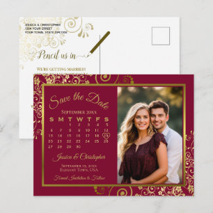 Burgundy & Guld Bröllop Spara Datum Kalender Foto Meddelande Vykort