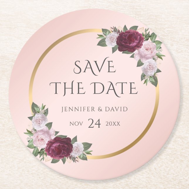 Burgundy Guld  Bröllop spara datum Underlägg Papper Rund (Framsidan)