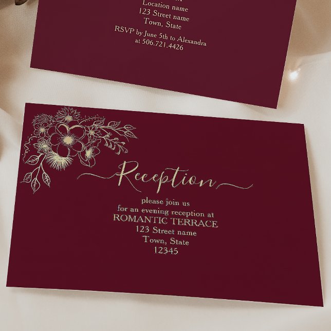 Burgundy Guld Bröllopsmottagning Info Kort (Skapare uppladdad)