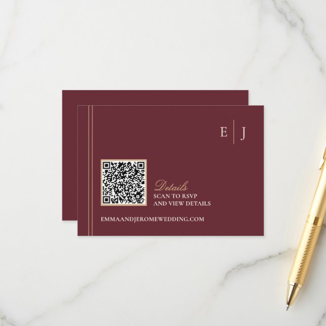 Burgundy Guld Bröllopswebbplats QR-kod Tilläggskort (Fram/Back In Situ)