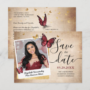 Burgundy Guld Butterfly Quince Photo Save Date Meddelande Vykort