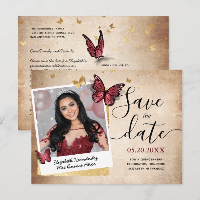 Burgundy Guld Butterfly Quince Photo Save Date Meddelande Vykort (Fram/baksida)