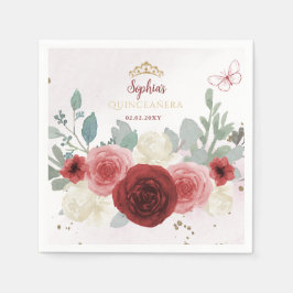 Burgundy Guld Butterfly Tiara Blommigt Quinceañera Pappersservett