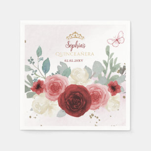 Burgundy Guld Butterfly Tiara Blommigt Quinceañera Pappersservett