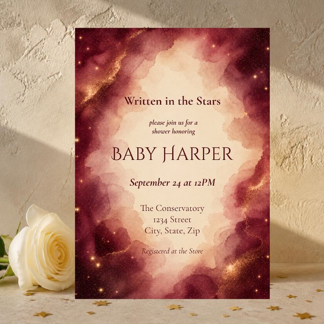 Burgundy & Guld Celestial Baby Shower Inbjudan (Luxury burgundy and gold celestial baby shower invitation with elegant watercolor galaxy design.)