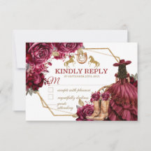 Burgundy Guld Charra Häst Quinceañera RSVP-kort