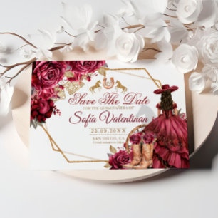 Burgundy Guld Charra Häst Quinceanera Spara Datumet