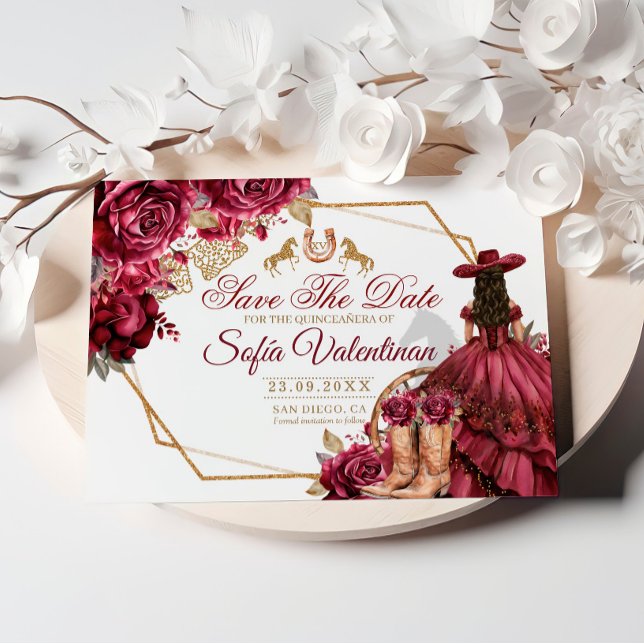 Burgundy Guld Charra Häst Quinceanera Spara Datumet (Skapare uppladdad)