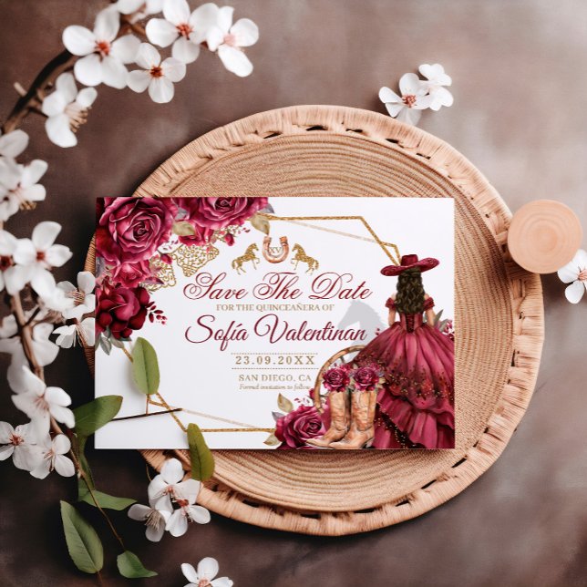 Burgundy Guld Charra Häst Quinceanera Spara Datumet (Skapare uppladdad)