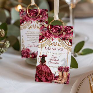 Burgundy Guld Charra Quinceanera Cowboy Stövlar Presentetikett
