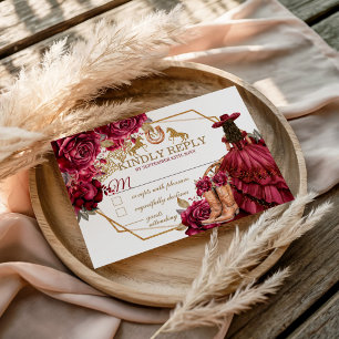Burgundy Guld Charra Quinceanera Häst OSA Kort