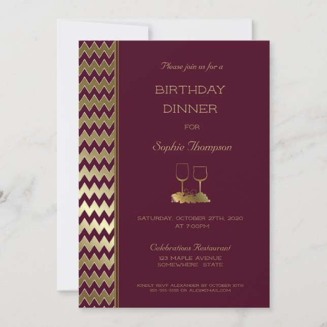 Burgundy Guld Chevron Stripe Birthday Middag Inbjudningar (Framsida)
