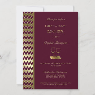 Burgundy Guld Chevron Stripe Birthday Middag Inbjudningar