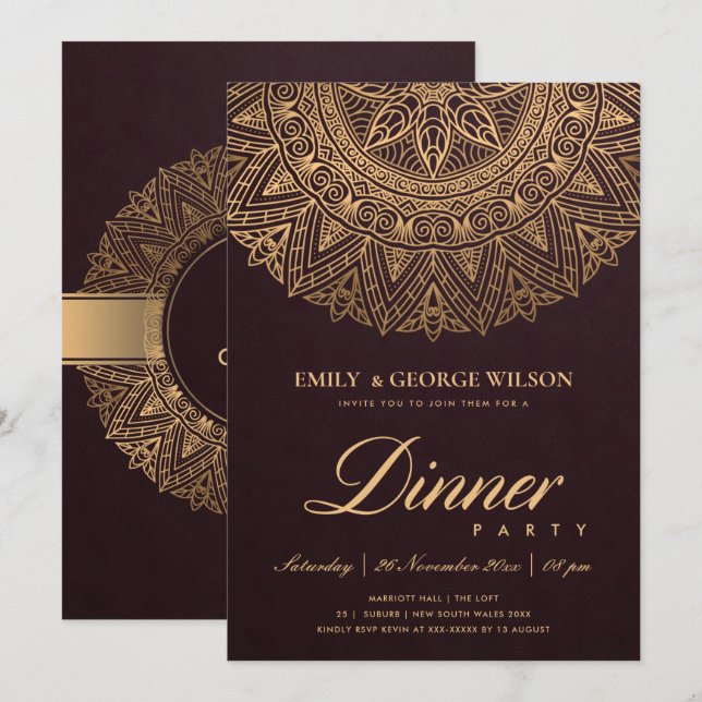 BURGUNDY GULD CLASSIC ORNATE MANDALA DINNER PARTY INBJUDNINGAR (Fram/baksida)