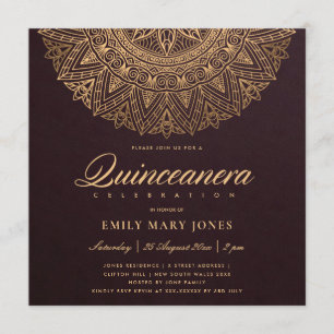 BURGUNDY GULD CLASSIC ORNATE MANDALA QUINCEANERA INBJUDNINGAR