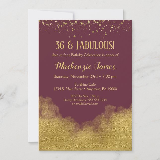 Burgundy Guld Confetti Birthday-inbjudan Inbjudningar (Framsida)