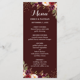 Burgundy Guld Confetti Blommigt Bröllop Menu Meny