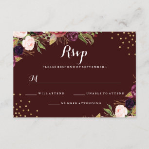 Burgundy Guld Confetti Blommigt Bröllop OSA Kort