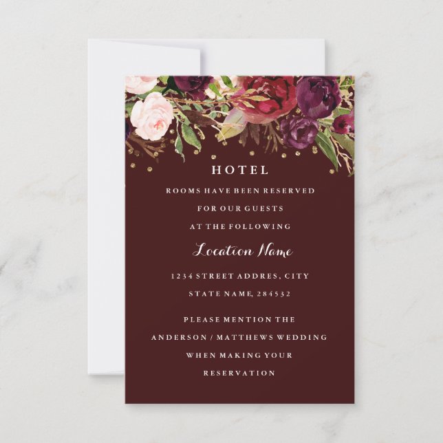 Burgundy Guld Confetti Blommigt Fall Wedding Hotel Inbjudningar (Framsida)
