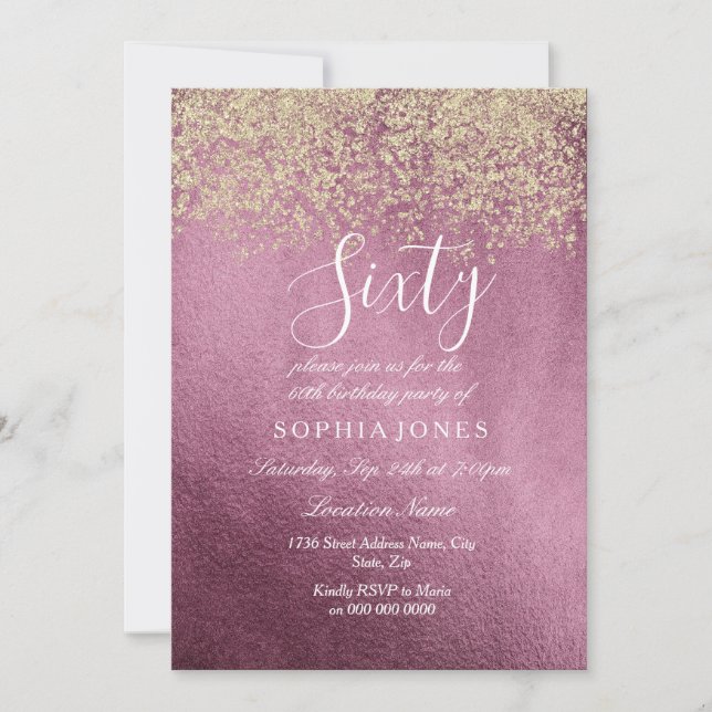 Burgundy Guld Confetti Glitter 60:e födelsedagsfes Inbjudningar (Framsida)