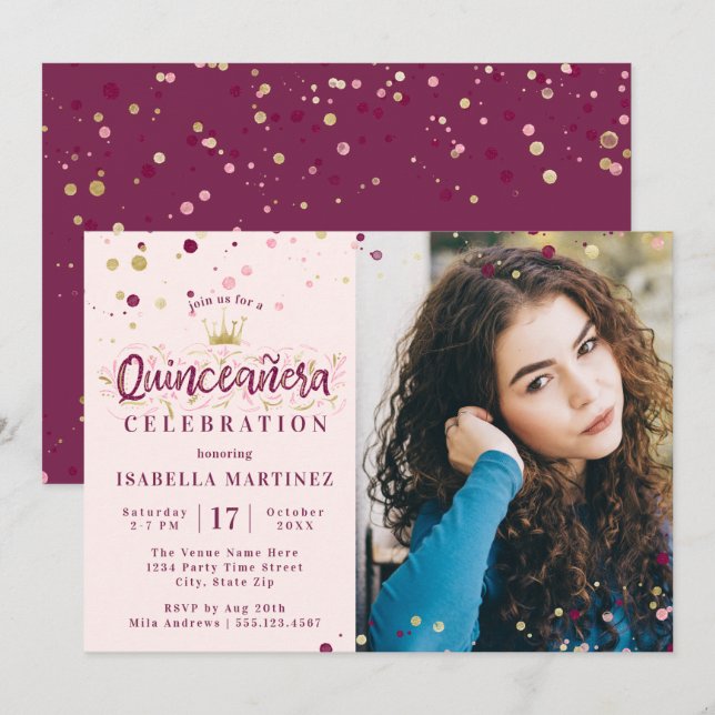Burgundy & Guld Confetti Quinceañera med Bild Inbjudningar (Fram/baksida)