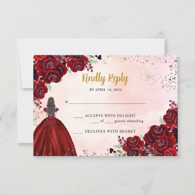 Burgundy Guld Copper Blommigt Princess Quinceañera OSA Kort (Framsida)