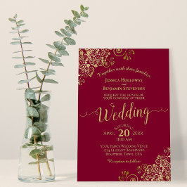 Burgundy & Guld Curls Elegant Calligraphy Bröllop Inbjudningar